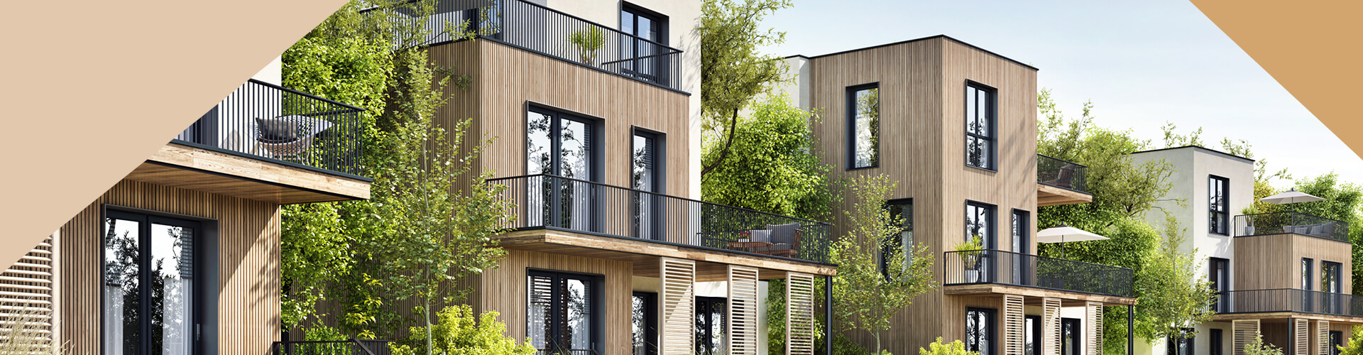 Moderne Reihenhäuser in Holzoptik mit großen Balkonen und viel Grün.