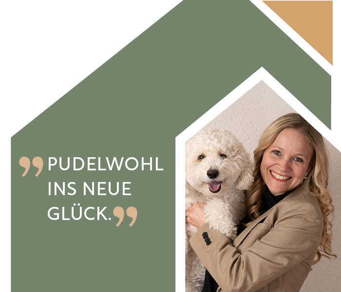 Maklerin (Kerstin Rack) mit lockigem weißen Hund und Slogan ‚Pudelwohl ins neue Glück.