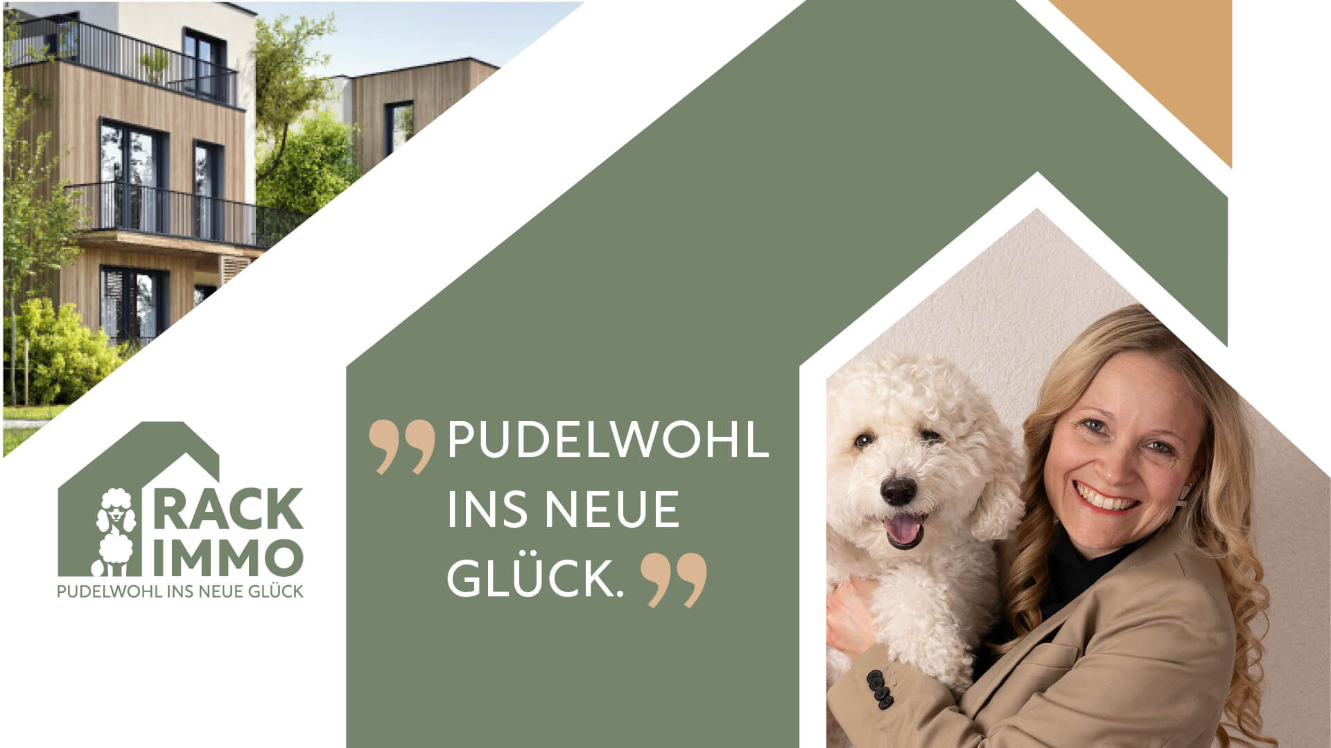 Rack Immo Logo, modernes Haus im Grünen und Maklerin (Kerstin Rack) mit Pudel – Slogan ‚Pudelwohl ins neue Glück.