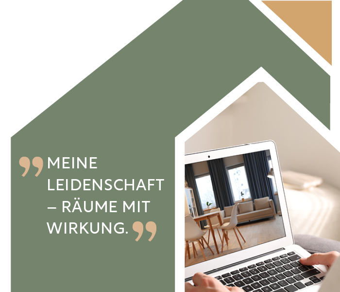 Laptop mit Wohnraum-Foto auf dem Bildschirm und Zitat ‚Räume mit Wirkung.