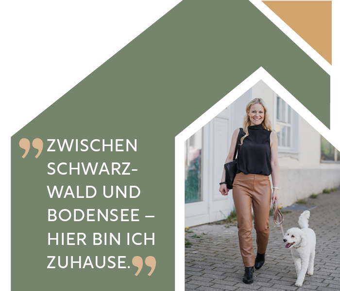 Maklerin (Kerstin Rack) spaziert mit weißem Hund – Zitat: Zwischen Schwarzwald und Bodensee.